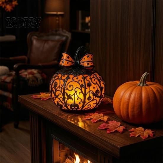 Warmes Nachtlicht 1/2 Stück Halloween Schleife Kürbislicht, Buntglas Schreibtischlampe, Gruselige Jack-o'-Lantern Nachtdekoration für Zuhause Büro Harzlichter