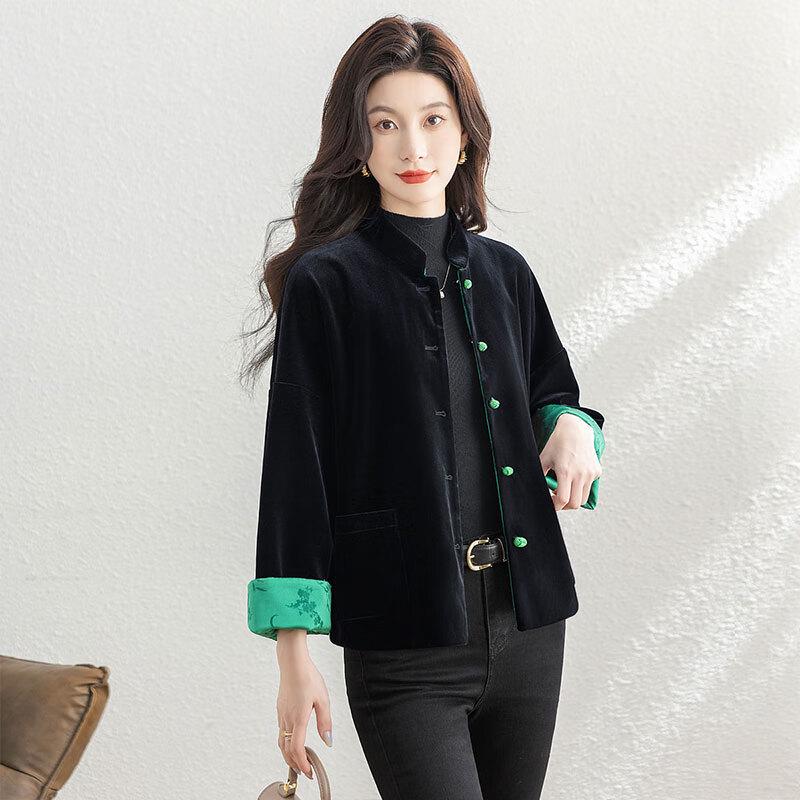 SIBOISHE New Chinese Style Reversible Jacquard Stand-Up Collar Jacket