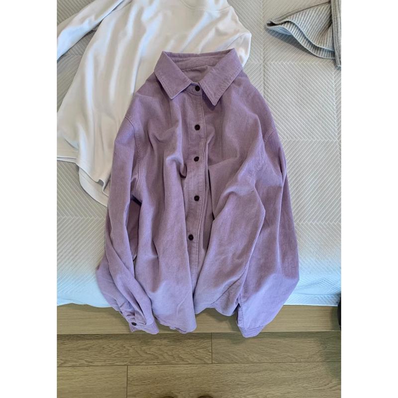 Casual Loose Corduroy Long Sleeve Pure Color Shirt Lapel Top Clothes