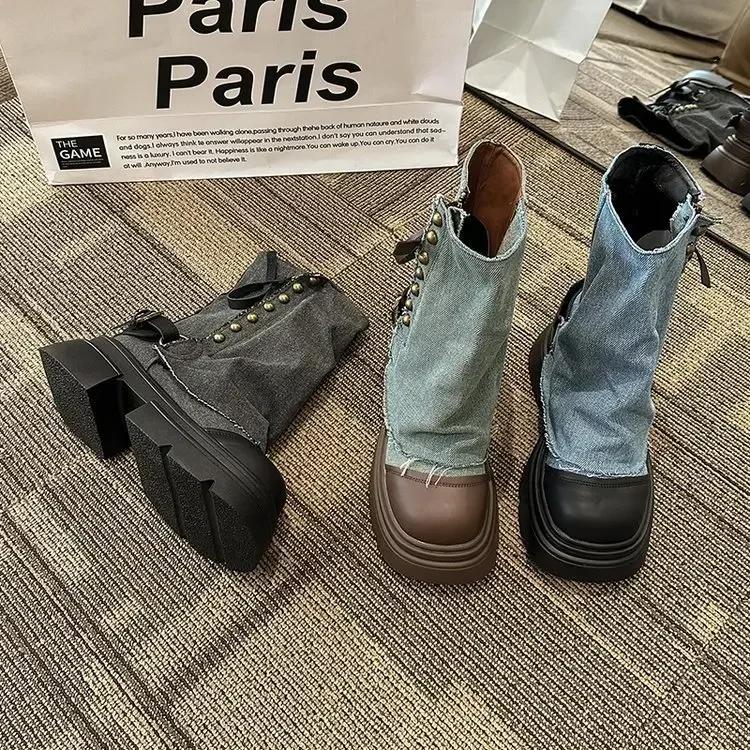 Women Ankle Boots Western Denim Short Boots Rivet Ankle Boots Fashion Slip on Thick Bottom Platform Shoes