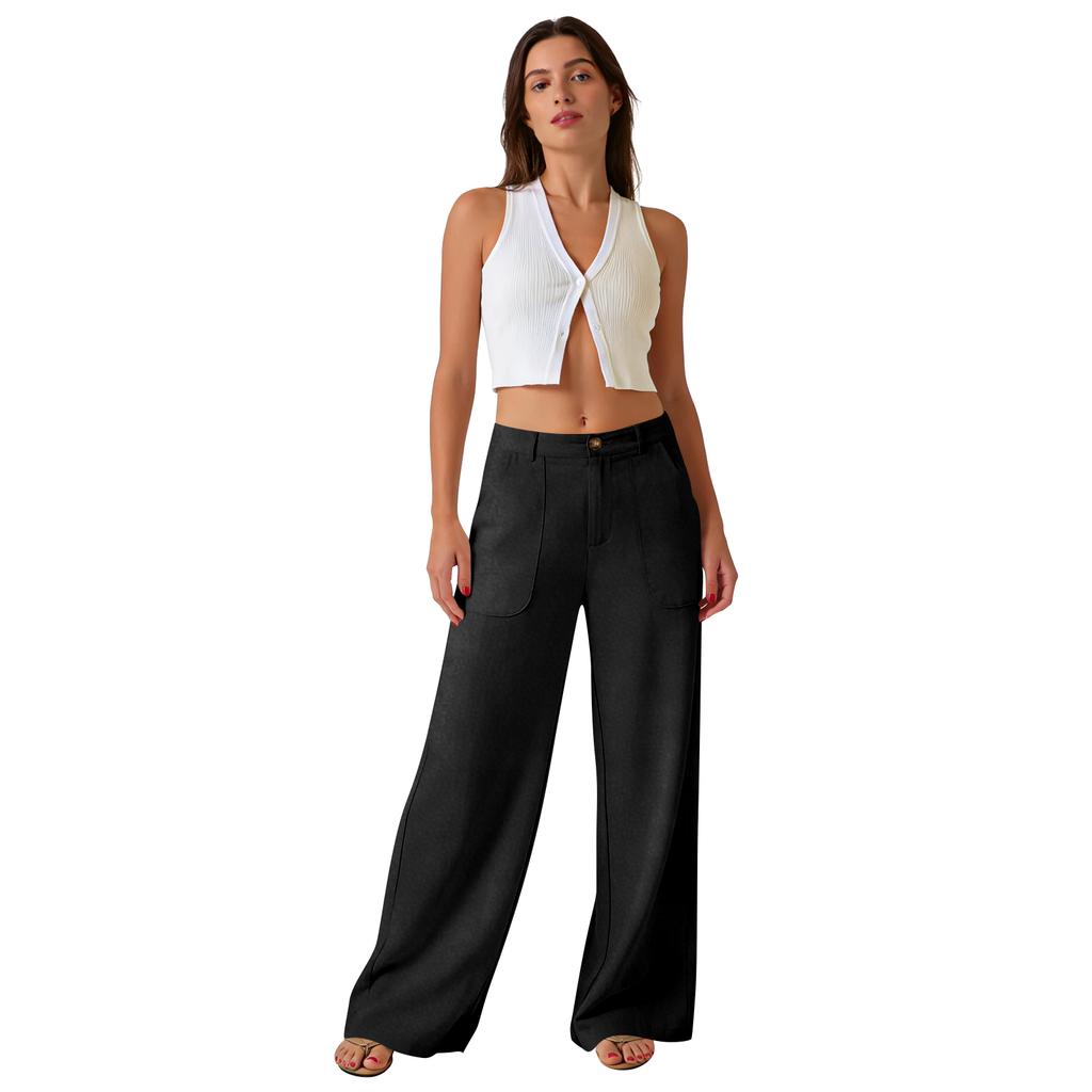 Women's -Color Casual Straight-Leg High-Waisted Wide-Leg Pants With Pockets
