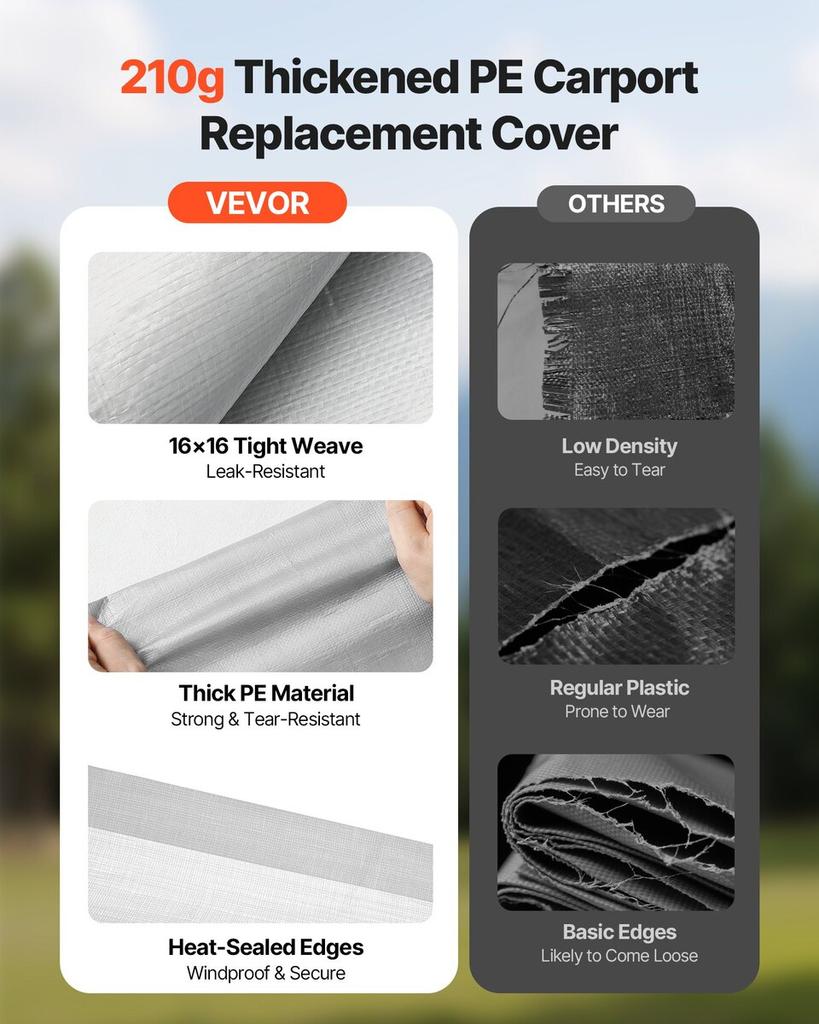 Carport Replacement Canopy, 3 x 6 m Potable Garage Tent Top Tarp, UV-Resistant & Waterproof Car Shelter Tarp, Heavy Duty Car Port Cover with Ball