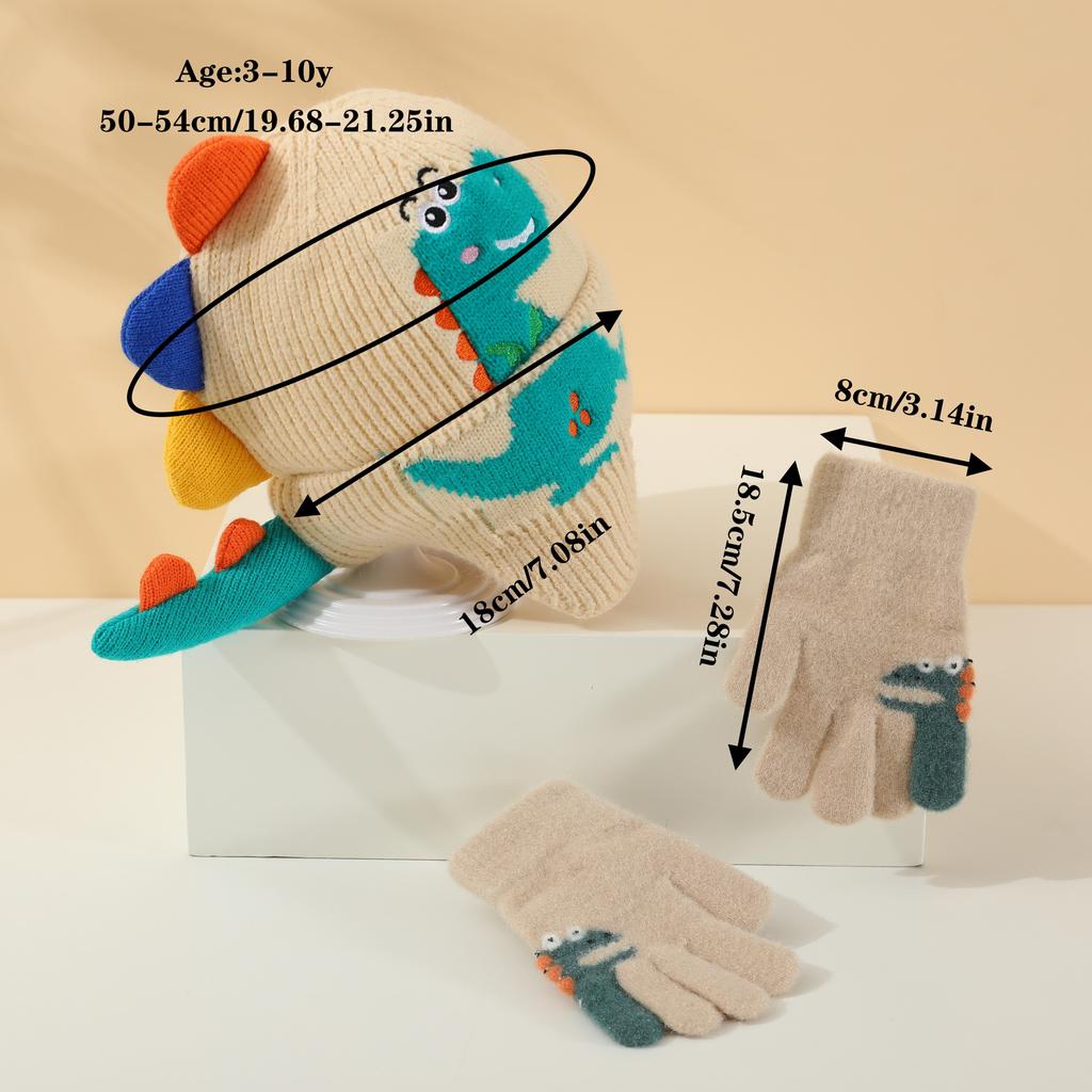 2pcs Youngsters's Hat and Glove Set Autumn Winter Thickened Warm Cute Dinosaur Knitted Beanie Windproof Protection Cap Suitable