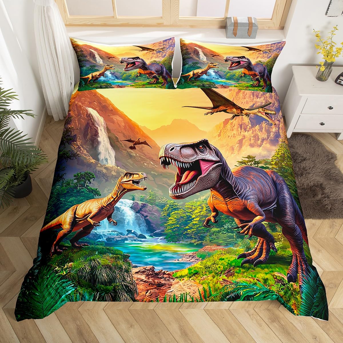 

3D Dinosaur Duvet Cover Set Full Queen Size, Jungle Animal Bedding Set Wild Animal Comforter Cover For Girl Boys Bedroom Dorm (135x200cm)