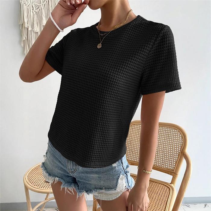 Ladies Summer Short Sleeve Round Collar Solid Color Loose Pullover Casual Knitted T Shirt Top