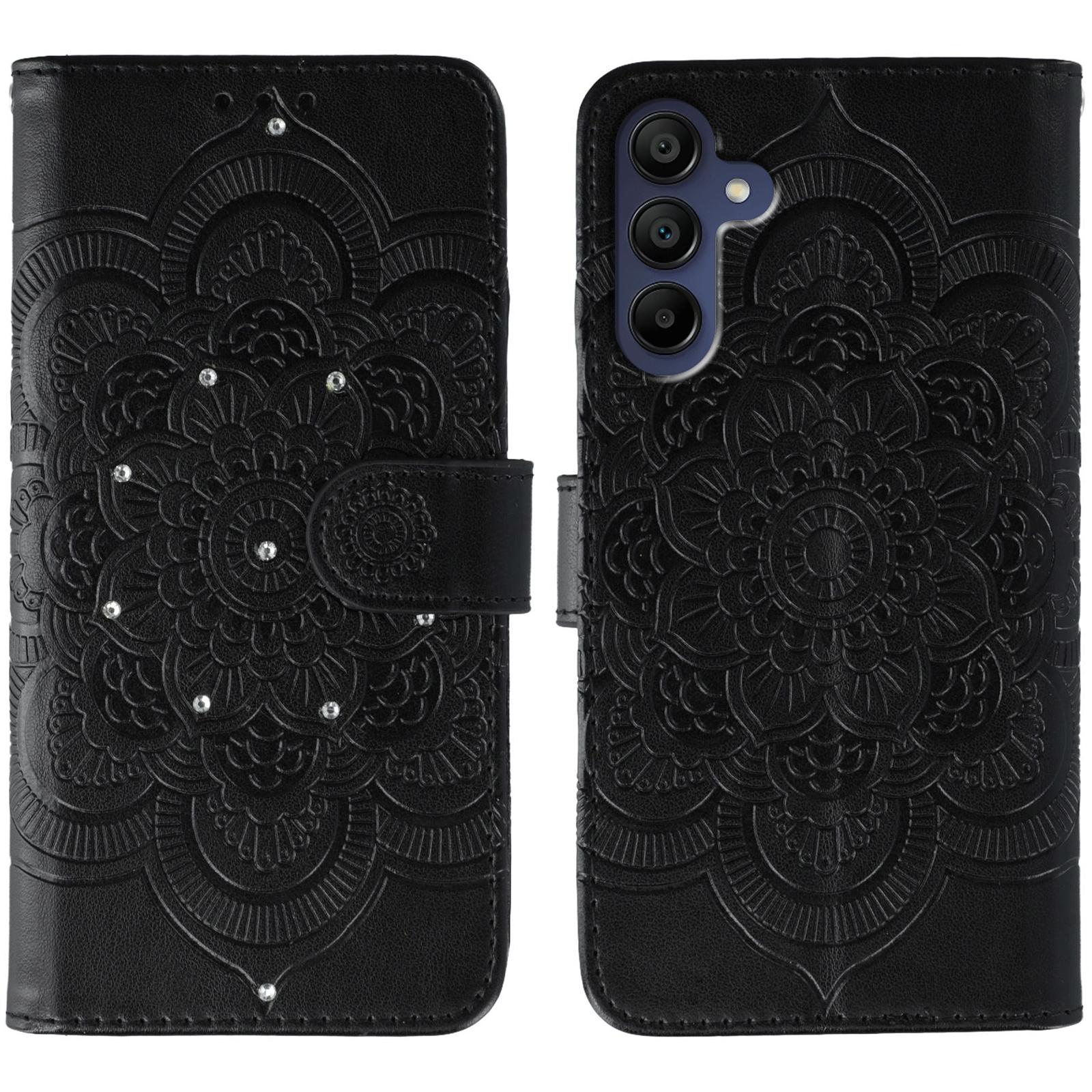

Phone Case For Samsung Galaxy A16 4G/A16 5G/A26 5G/A17 Rhinestone Decor PU Leather Mandala Imprinted Design Cover with Wrist Strap Black
