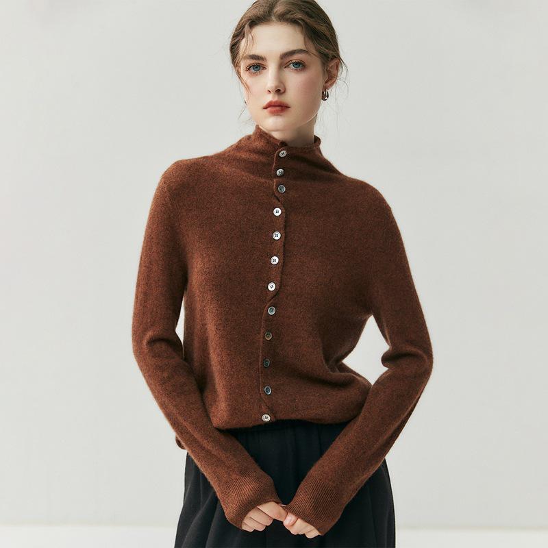 Women's Minimalist Rolled-Edge Cashmere Sweater - Semi-High Neck, Loose Fit, Slimming, Long Sleeve Knitted Base Layer