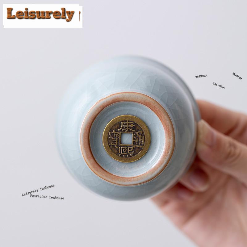 HOYIHM Chinese Ru Kiln Porcelain Teacup Ice Cracked Glaze Tea Bowl Travel Meditation Tea Cup Customized Copper Cash Tea Set Gift