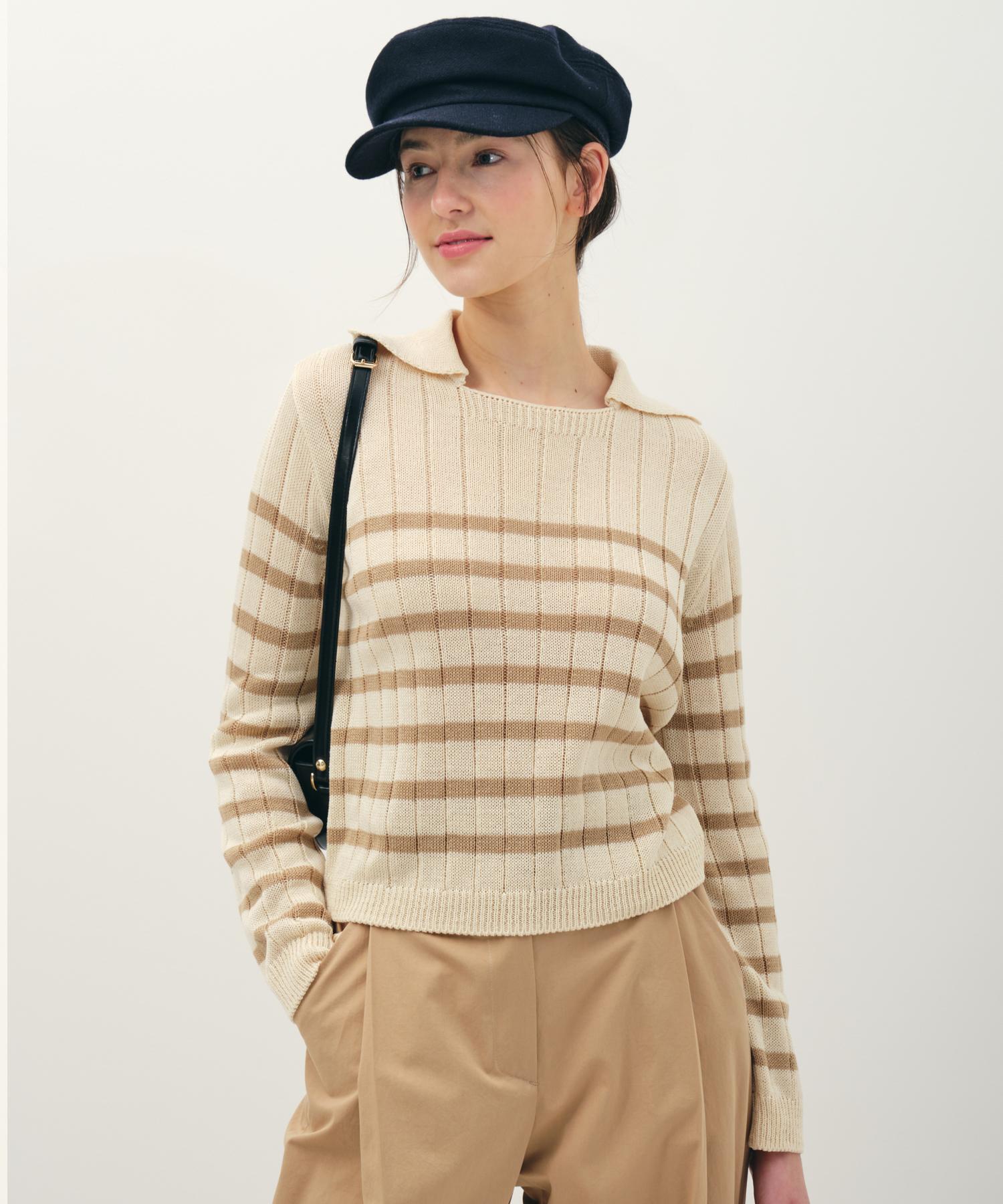 Jun By Jun K Collared Striped Knit Top_Beige F
