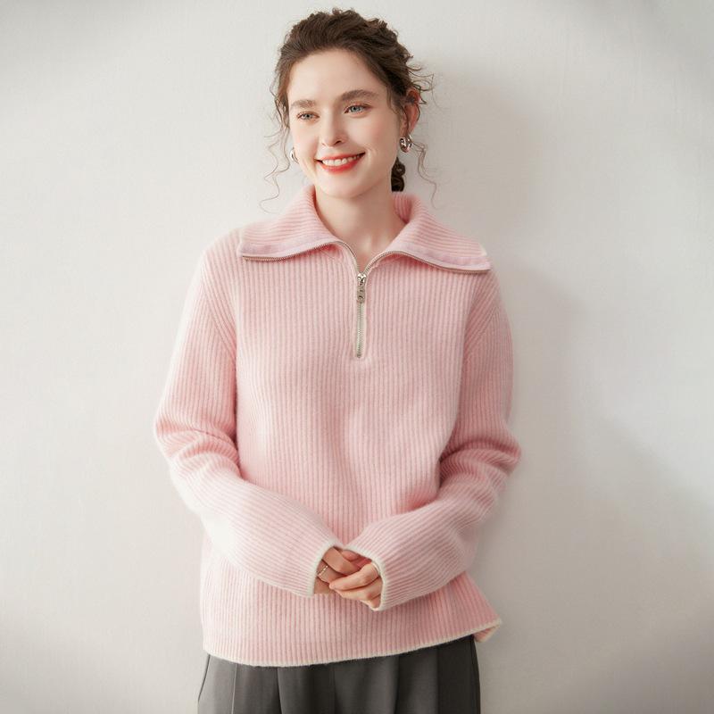 Women's Cashmere Half-Zip Rib Knit Sweater with Lapel