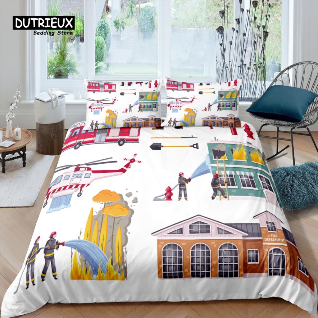 Home Living Luxury 3D Fire Truck Bedding Set Kids Duvet Cover Pillowcase Firemen Bedding Set Queen and King EU/US/AU/UK Size