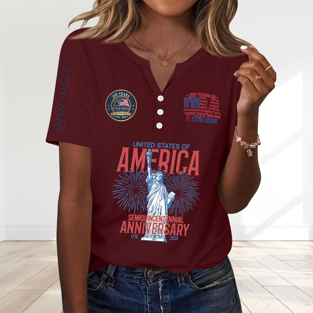 Women's Fashion Casual 250th Anniversary Independence Day Print V-Neck Short Sleeve Decorated Button-Up T-Shirt