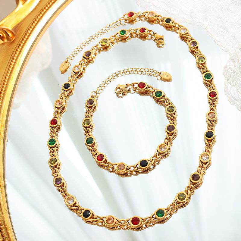 18K Gold Plated Stainless Steel U-Shape Choker Necklace Bracelet Set Minimalist French Retro Style Colorful CZ Diamond Necklace