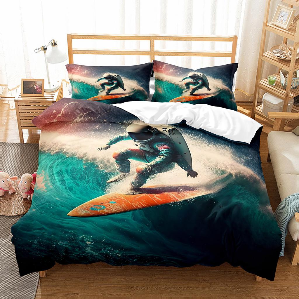 Kosmiczny Surfing Król Królowa Poszwa na Kołdrę Ruch Astronauty Zestaw Pościeli Motyw Sportowy Poszwa na Kołdrę Wszechświat Poliestrowa Poszwa na Kołdrę