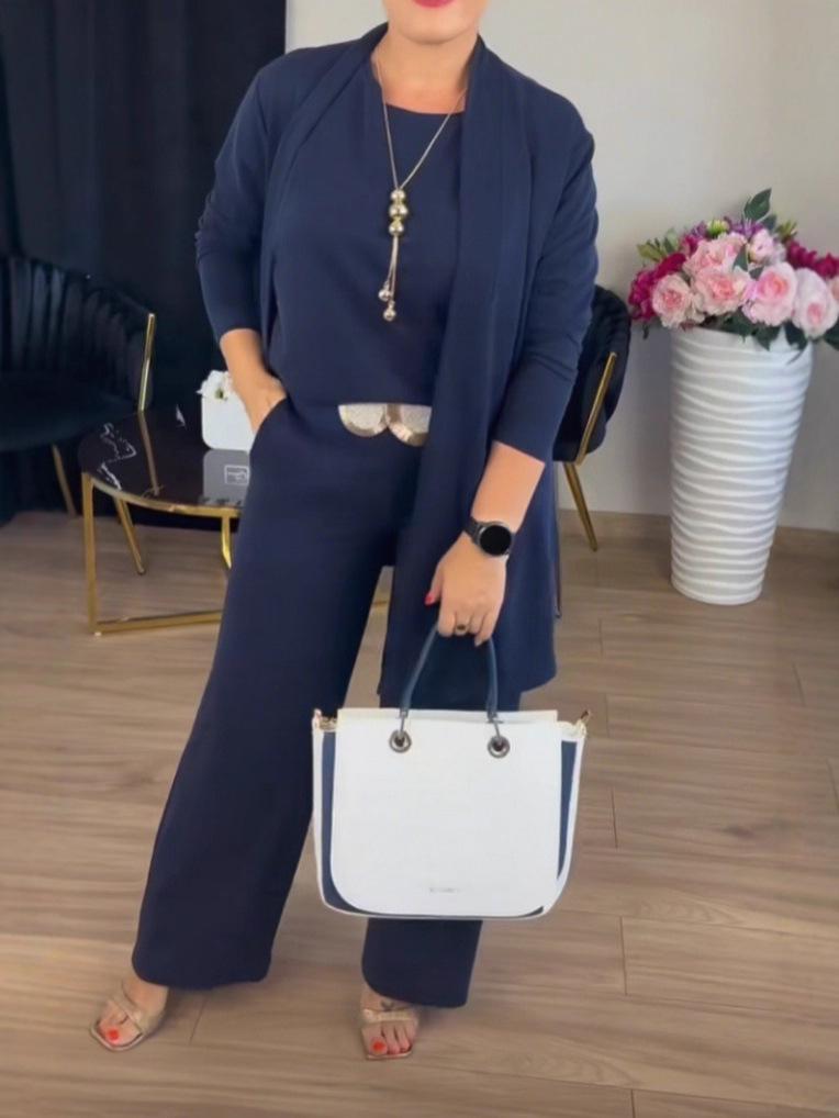 Women's 3-Piece Set: Pure Color Round Neck Top with Belt and Comfortable Long Sleeve Pants