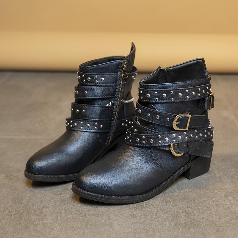 Women Low Heel Block Chunky Ankle Boots Buckle Accents Faux Leather Upper Rubber Sole Pointed Toe Trendy