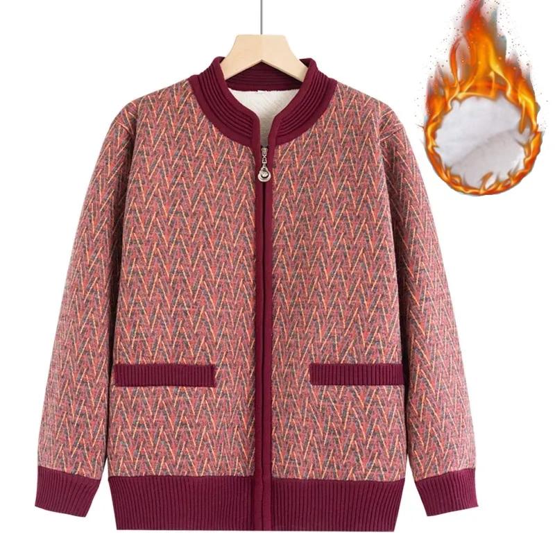

Plus Velvet Jacket Mother Middle-aged and Elderly Western Style Cardigan Clothes Autumn and Winter Thickened Warm Top XL червоний