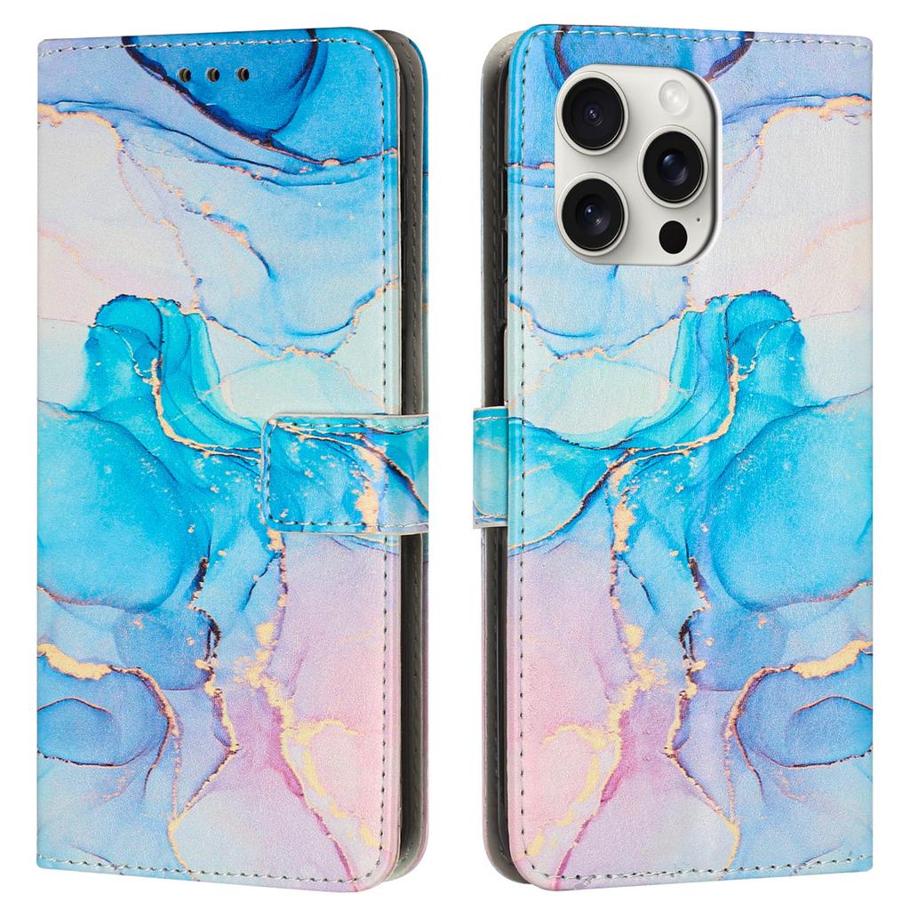 For iPhone 16 Pro Stand Case Marble Pattern PU Leather Wallet Phone Cover with Wrist Strap