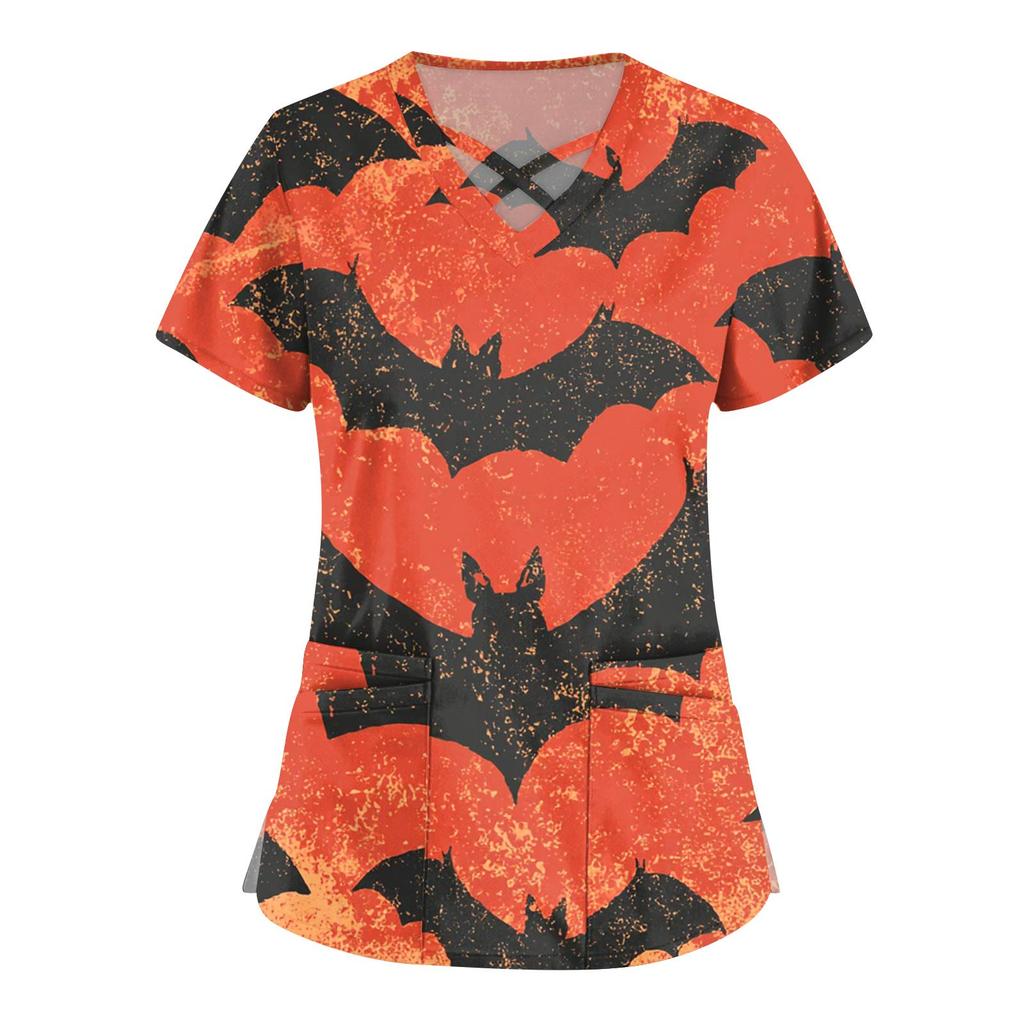 Damenmode V-Ausschnitt Kurzarm Overalls Doppeltasche Halloween Aufdruck Oberteile Bekleidung