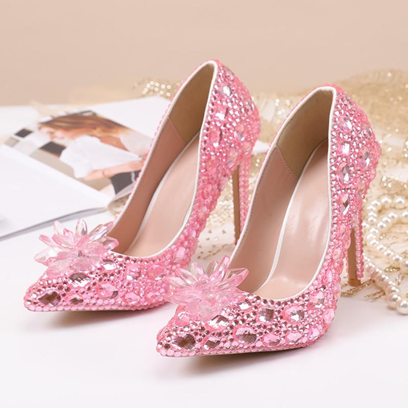 Fashion Luxury Handmade Full Diamonds Rhinestones Women Pumps Fashion Crystal Flowers Stiletto High Heels Lady Banquet Wedding Shones