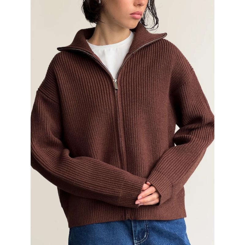 

Жіночі осінні кардигани на блискавці з довгим рукавом, повсякденні жакети з коміром, в язані резинкою, кардигани для жінок, об ємний в язаний верхній одяг, пальто L коричневий