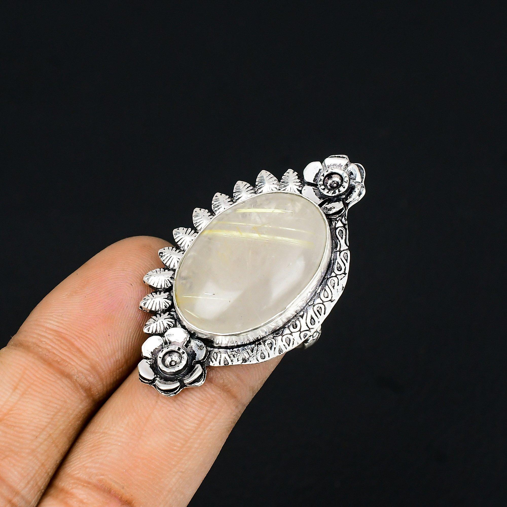 Daughters Day Sale Oval Golden Rutile Stone Flower Ring Jewelry 925 Silver US 6 6