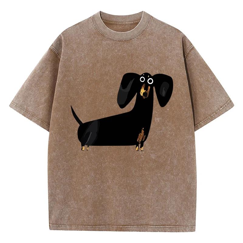 Funny Dachshund Dog Printing Washed T-Shirt Women Cotton T Shirts O-Neck Oversized Acid Wash Tops Summer Clothes