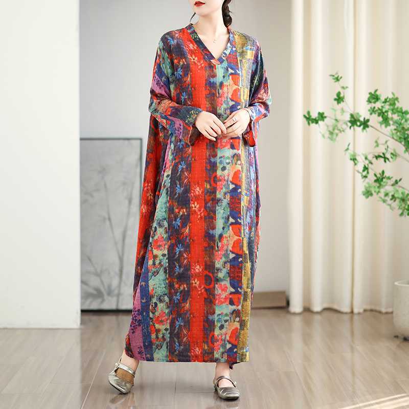 Vacation Style V-neck Retro Long Skirt Cotton Linen Dress