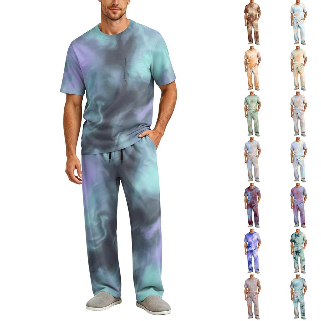 Men's Home Pajama Set, Short Sleeve Top and Long Pants with Button Fly and Drawstring Waist