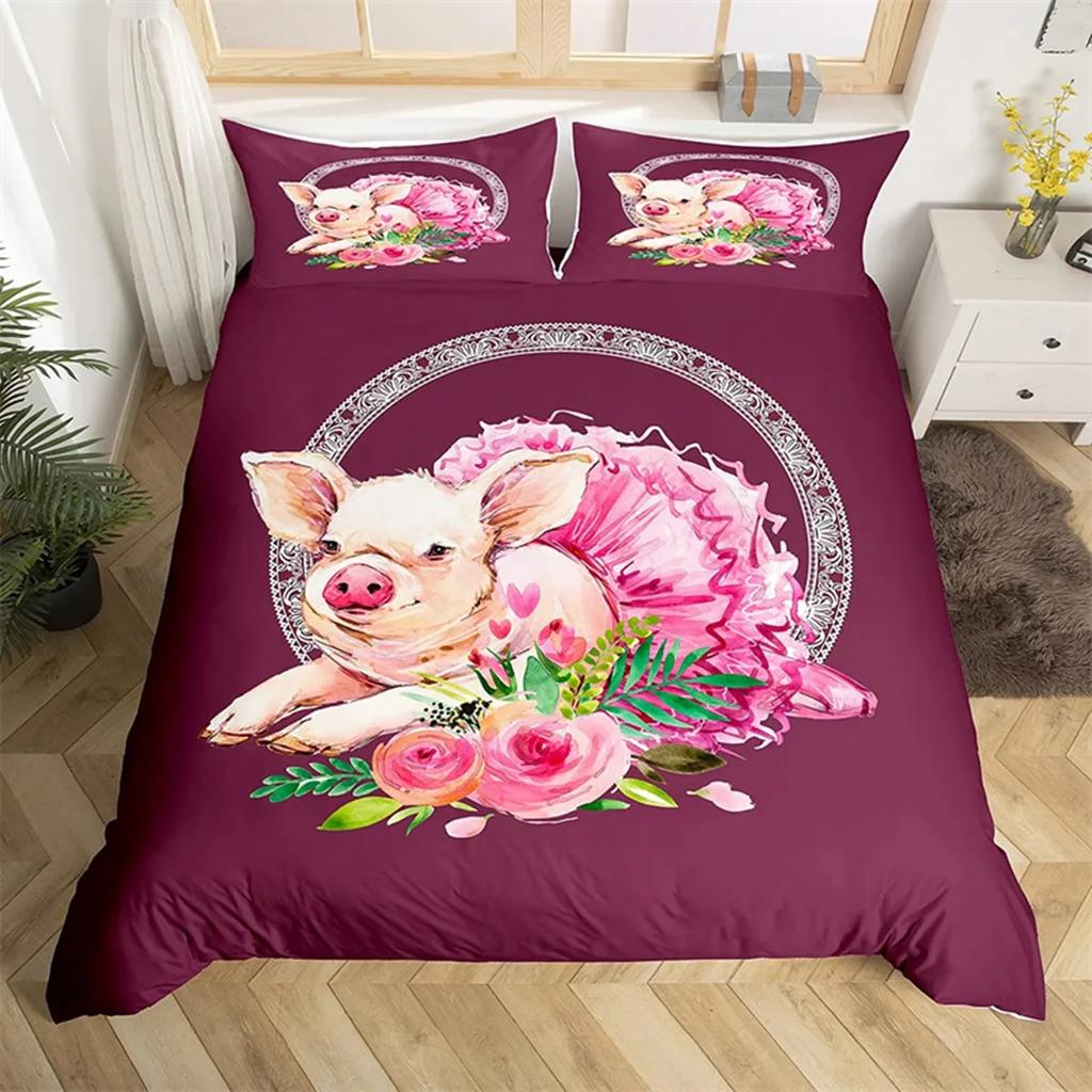 Comforter Cartoon Cute Pink Pig For Children Boys Girls Microfiber Pigs Floral Cartoon Farm Animals Theme Bedroom Decorations