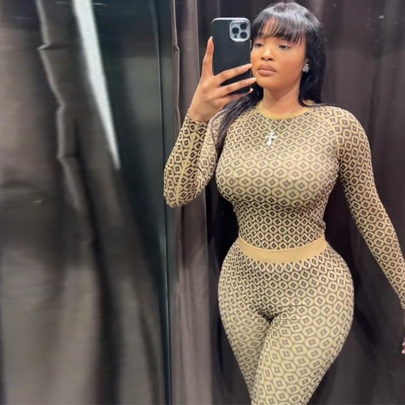Printed Round Neck Top Pants Set Women's Sexy Hottie Long Sleeve Copper Coin Printed T-shirt Slim Casual Trousers New Fashion