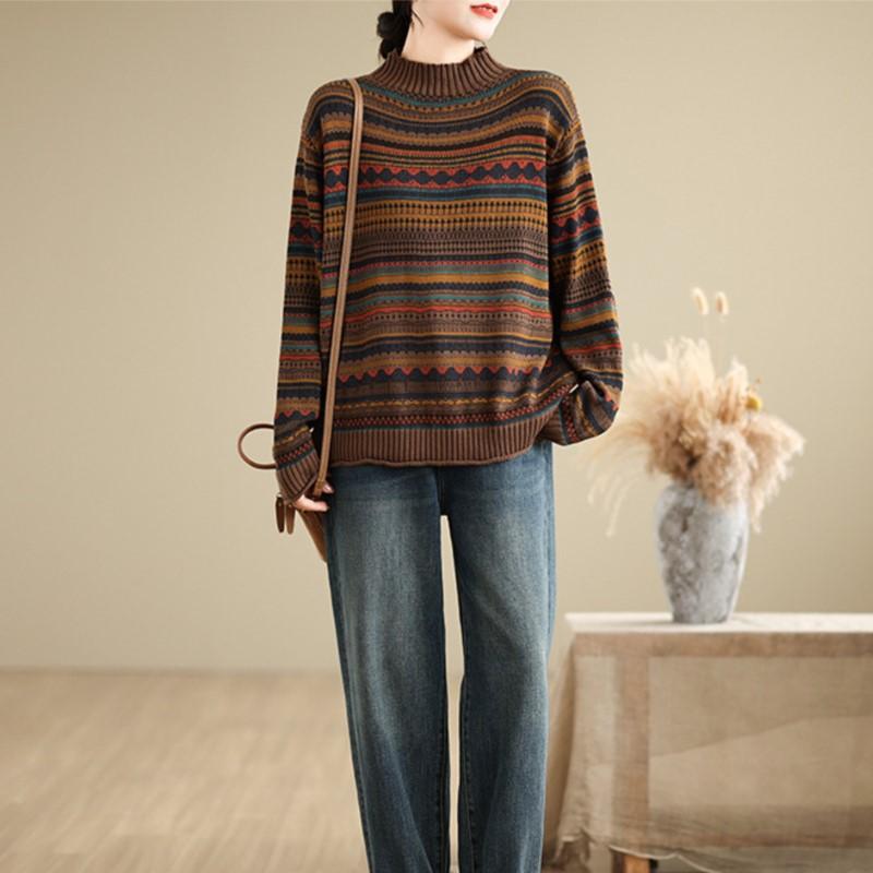 Johnature Casual Pullover Long-sleeve Sweater Half-high Collar Ethnic-style Print Winter Knitted Pullover Women Sweater