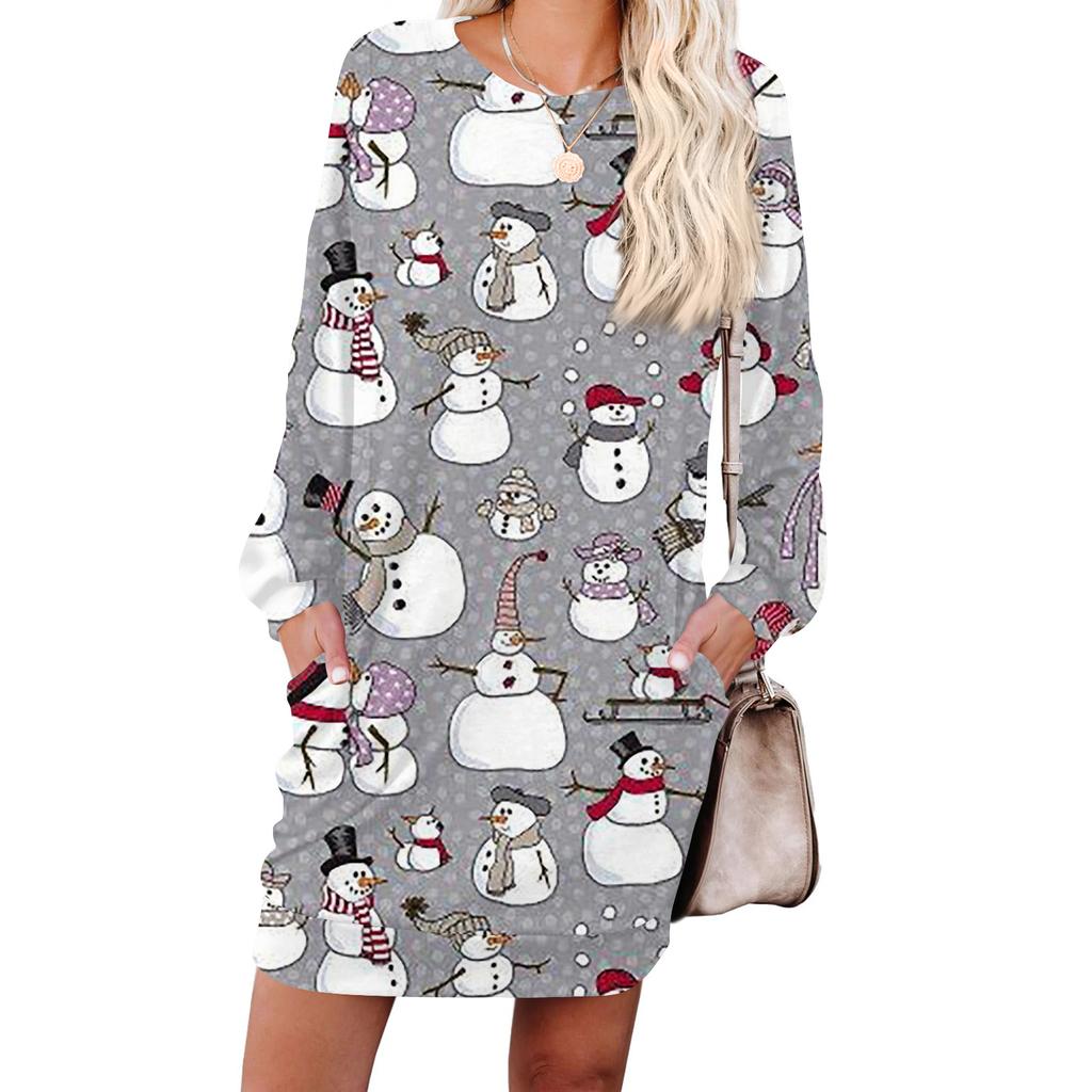 Damska modna sukienka z długim rękawem, z okrągłym dekoltem i kieszenią, w nadruk płatków śniegu