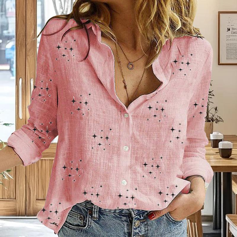 1pc Cotton Linen Casual Lapel Blouses Shirts Elegant Long Sleeve Plus Size Loose Tops Stars Printed Women Shirts Solid Button