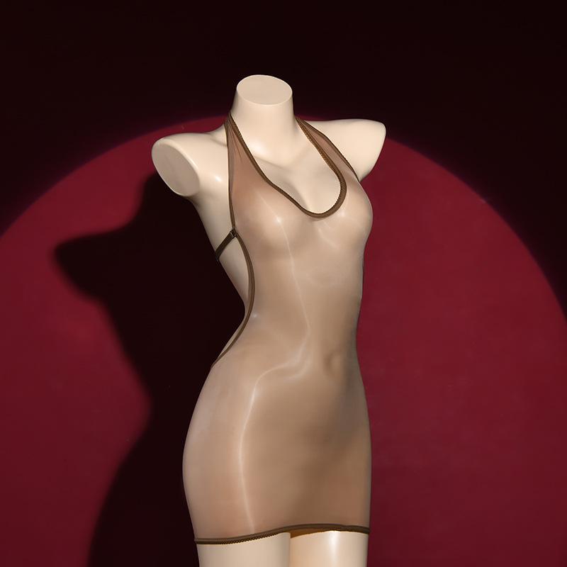 Glossy Ultra-Thin V-Neck Bodycon Dress Horse Oil Stockings Temptation Bed Black Silk Smooth Sexy Tight Mini Dress