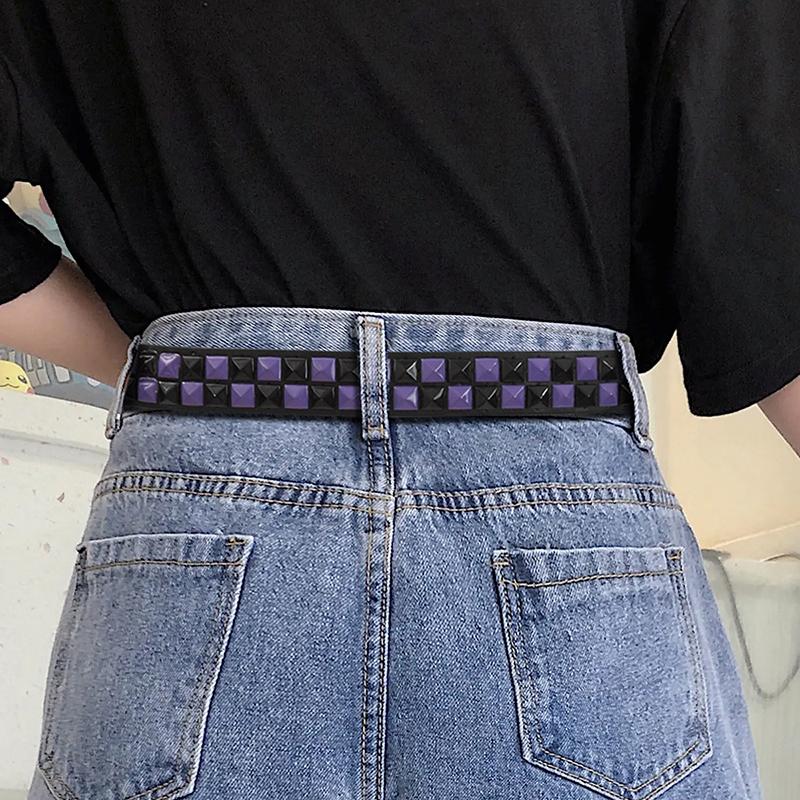 Punkový nýtovaný PU kožený pásek Fialová kolíčková přezka Pásek Y2K Hip Hop Džínový doplněk Unisex