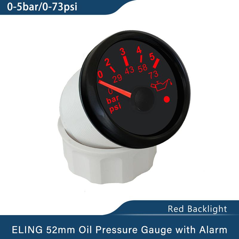 ELING New 52mm Oil Pressure Gauge Meter 0-5Bar 0-10Bar with Red Backlight and Light Alarm for Ships Motorcycle 9-32V