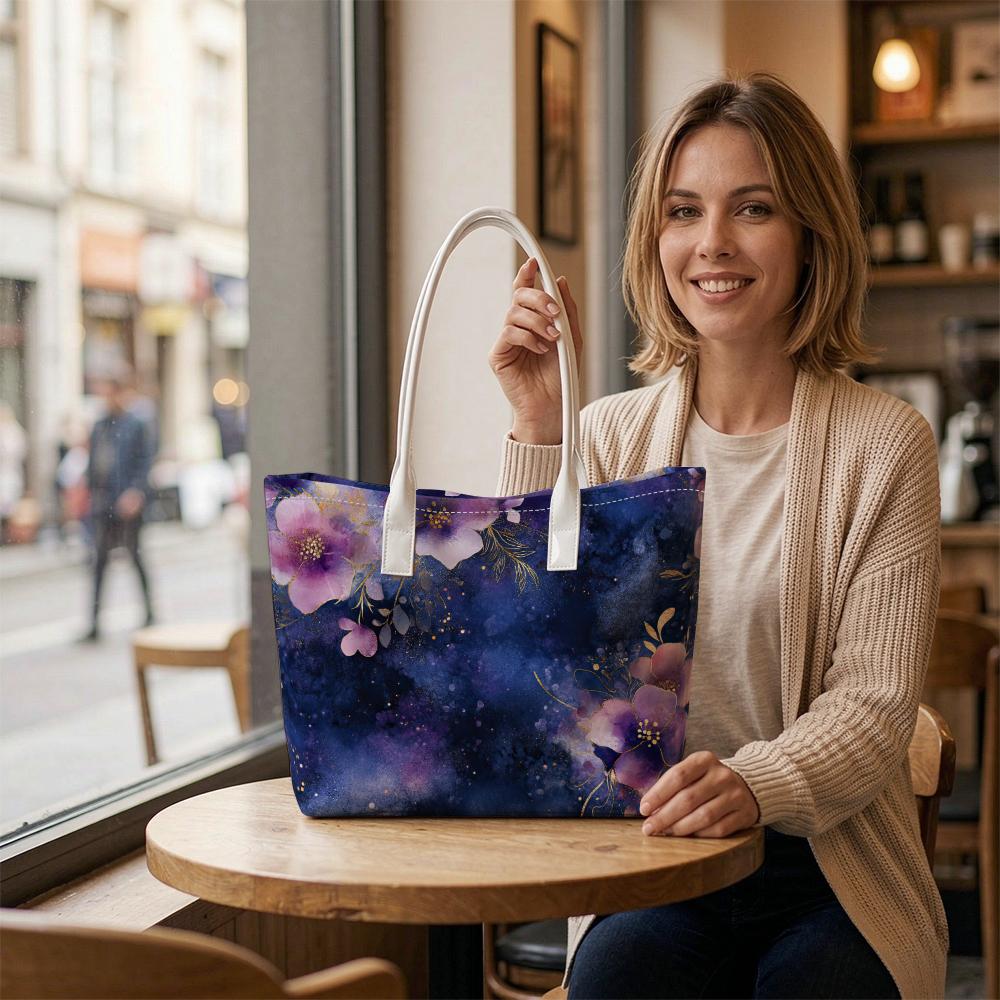 Purple Floral Tote Bag Fashion Casual Portable Shoulder Bag for Daily Use