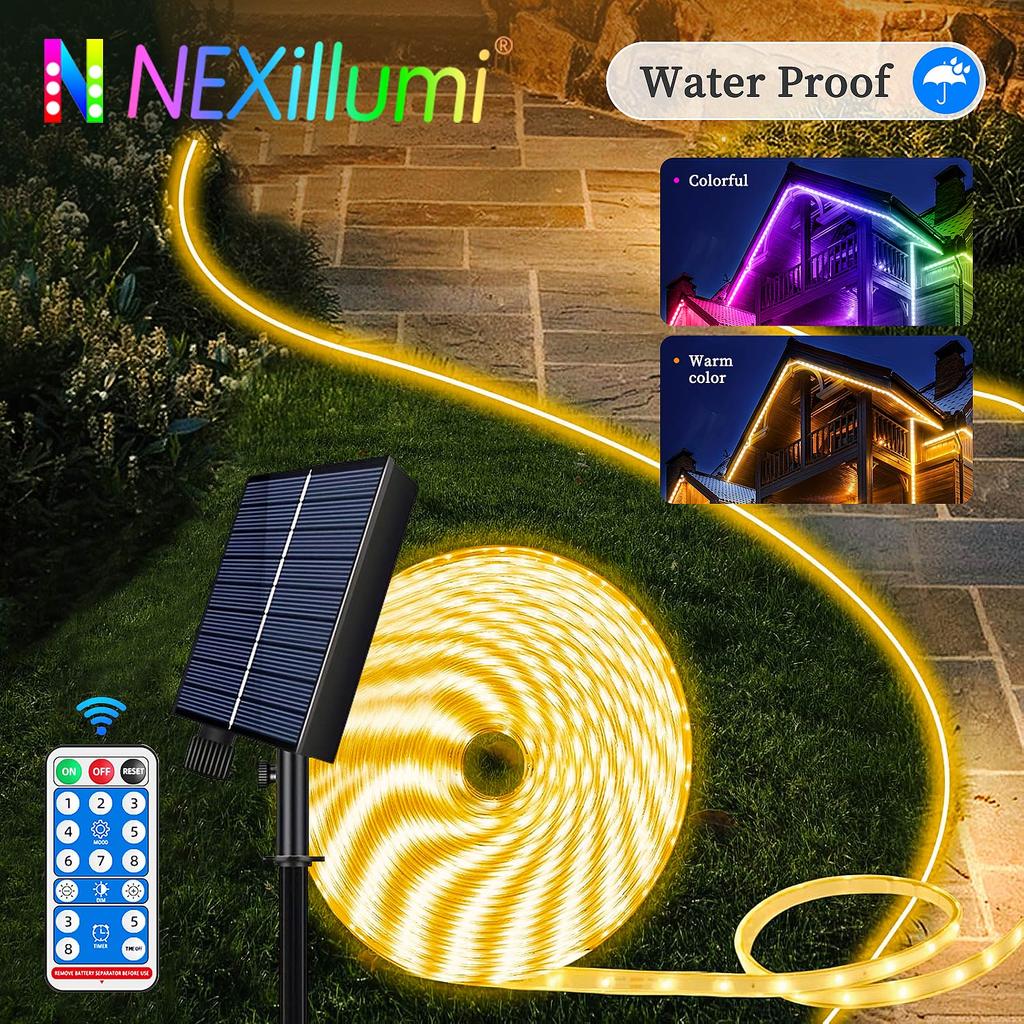 Solar Powered Multi Color or Warm White LED Strip Lights Outdoor, Remote with 8 Lighting Modes, IP67 Waterproof for Garden House