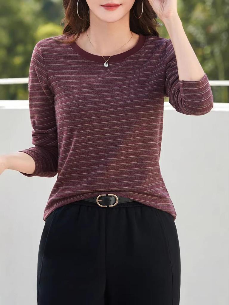 Korean Style Women's Slim Fit Striped Long Sleeve Round Neck T-shirt for Autumn/Winter