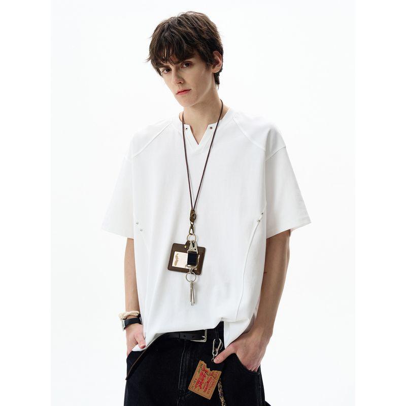 Madwitch American Retro Deconstructed V-Neck Short-Sleeve T-Shirt for Men and Women, Loose and Versatile Cleanfit Half-Sleeve Top Trendy