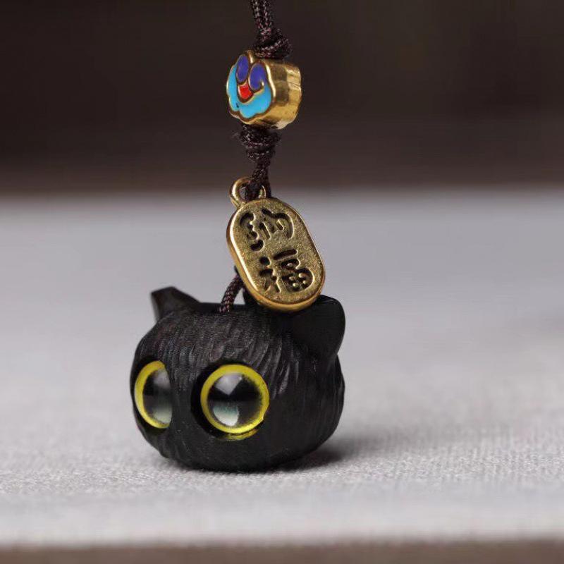 Ebony Wood Big-Eyed Cat Head Pendant Necklace Charm Keychain Accessory