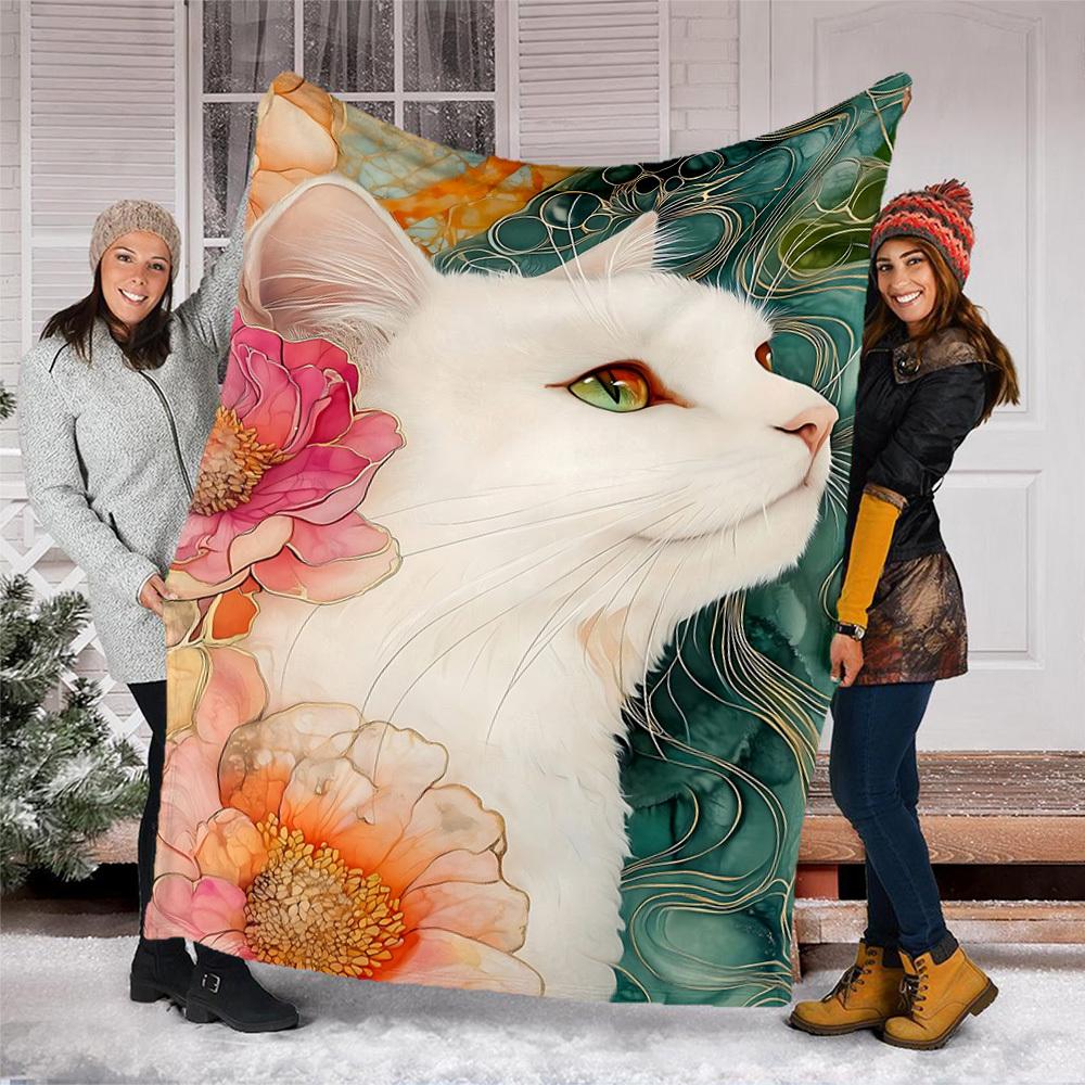 1pc Cat Flowers Outdoor Blanket - Soft Flannel Cozy for Travel & Camping - All-Season Warm Bed Cover, Machine Washable Yy251229062