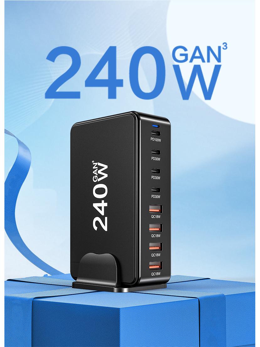 268W GaN Charger Head: Fast PD Charging for Computers, Phones, and Tablets - High Power and Fully Compatible 240W - Black