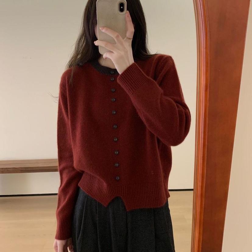 Single-breasted Knitted Sweater for Women Korean-style Round-neck Sweater Loose and Fashionable Long-sleeved Pullover for Women In Autumn and Winter