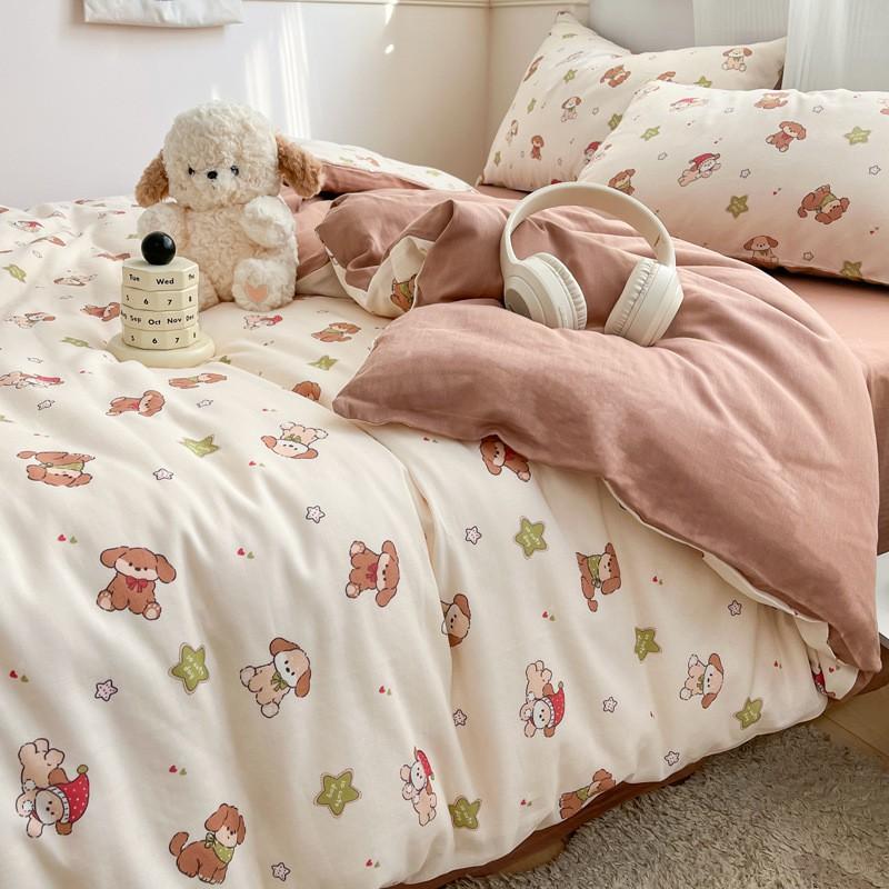 Soft Cotton Double Gauze Bedding Set 4PCS Small Fresh Floral Print Twin Queen King Beds