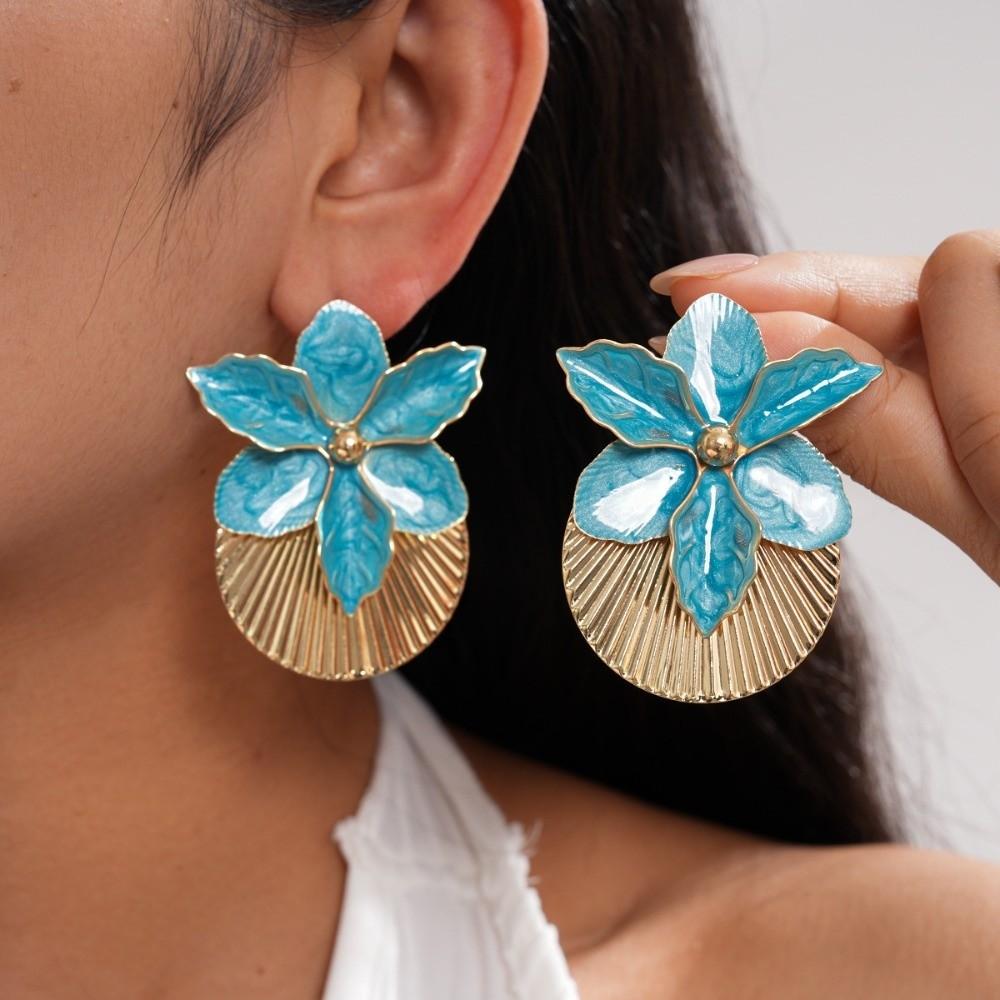 Butterfly Orchid Orchid Flower Shell Earrings Shell Shape Oil Drip Floral Ear Studs Exaggerated Iron Ear Pendant Summer