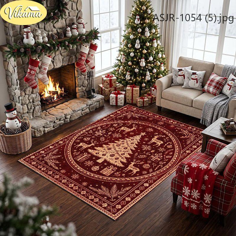 Xmas Reindeer Pattern Large Floor Rug Easy To Clean Carpet For Living Room Fireplace Bedroom Christmas Party Decoration