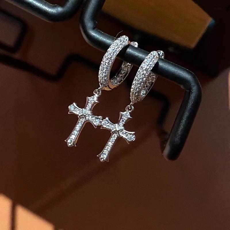 Full Diamond Paved Cross Shape Unisex Couple Stud Earrings Hip Hop Jewelry