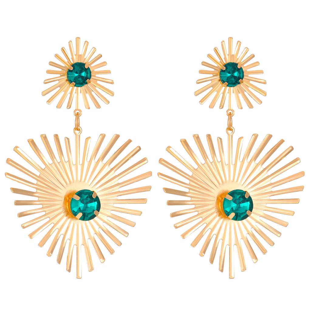 Green Rhinestone Inlaid Big Metal Drop Earrings Women's Exaggerated Sunflower Heart Pendant Modern Trend Statement Ear Zircon